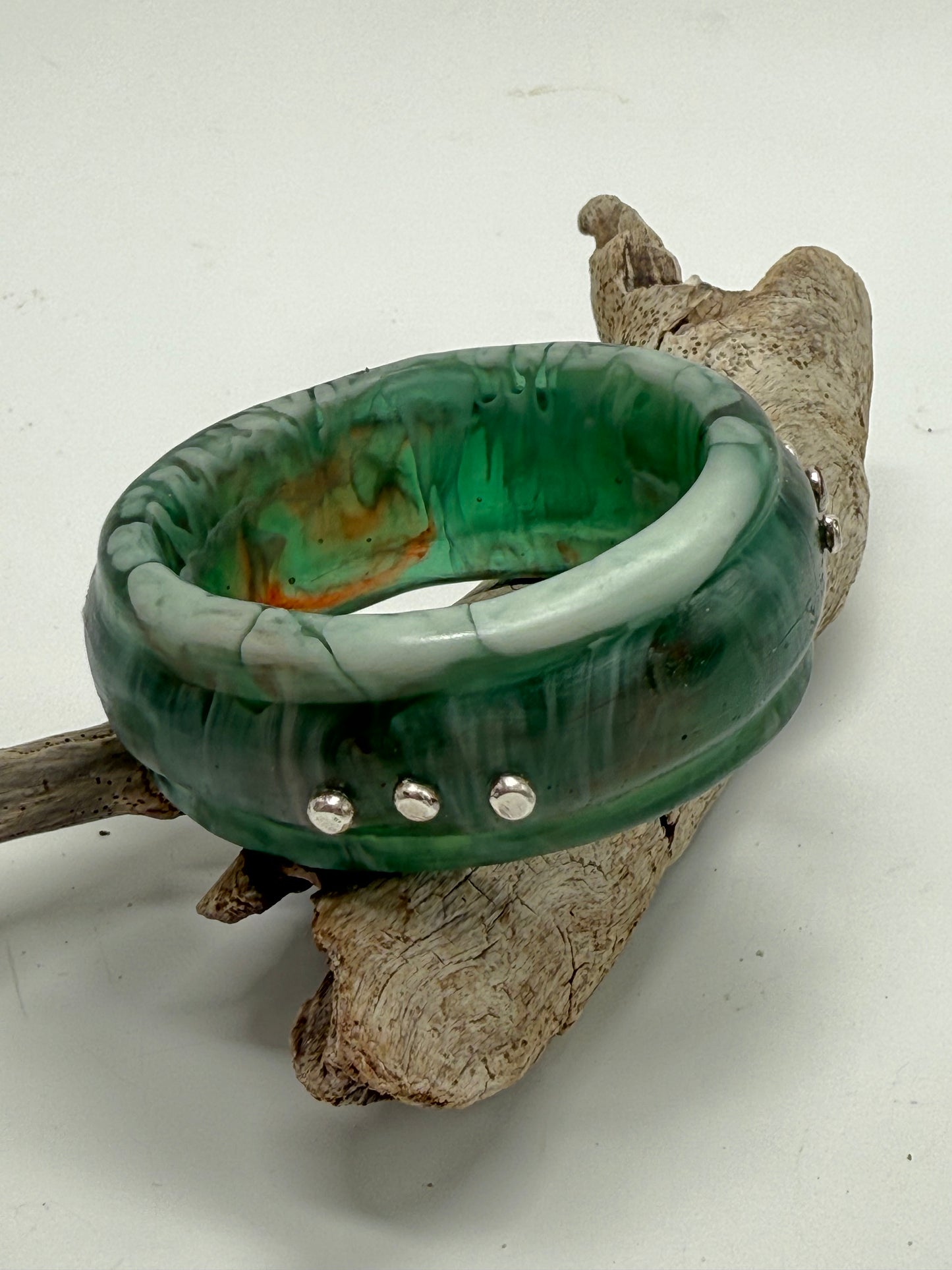 Green/Brown/White Oval Thick Rim Resin & silver wide bangle - XS hand size