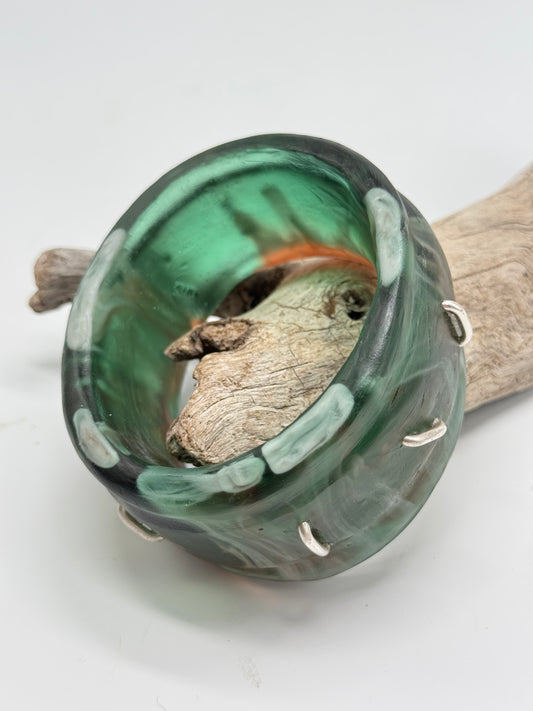 Green/Brown/White Oval Thick Rim Resin & silver wide bangle - regular hand size