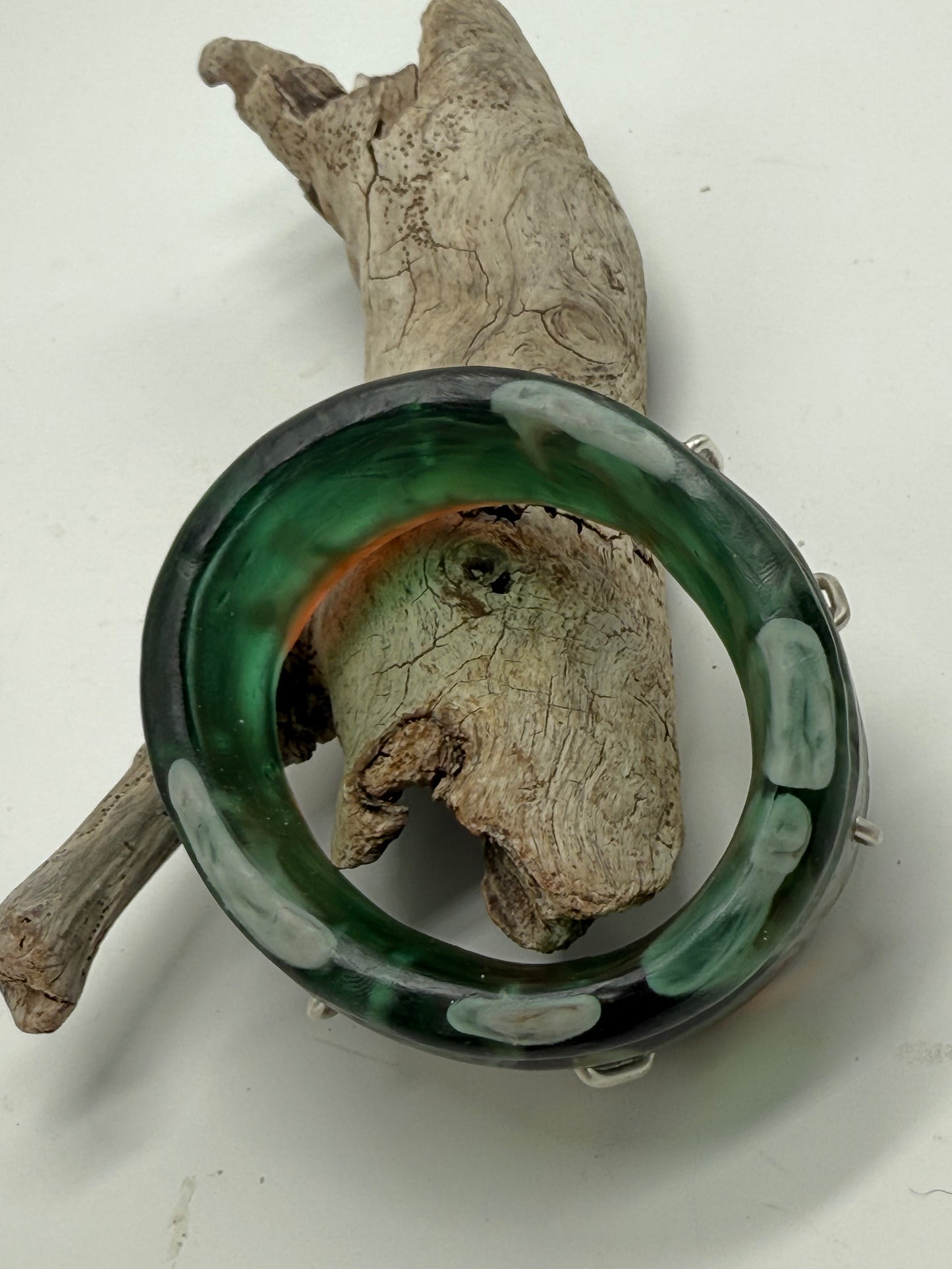 Green/Brown/White Oval Thick Rim Resin & silver wide bangle - regular hand size