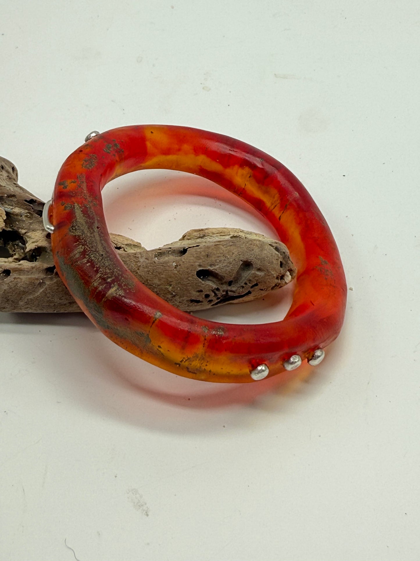 Red/Orange/Brown resin and silver 'woopy' bangle - regular size