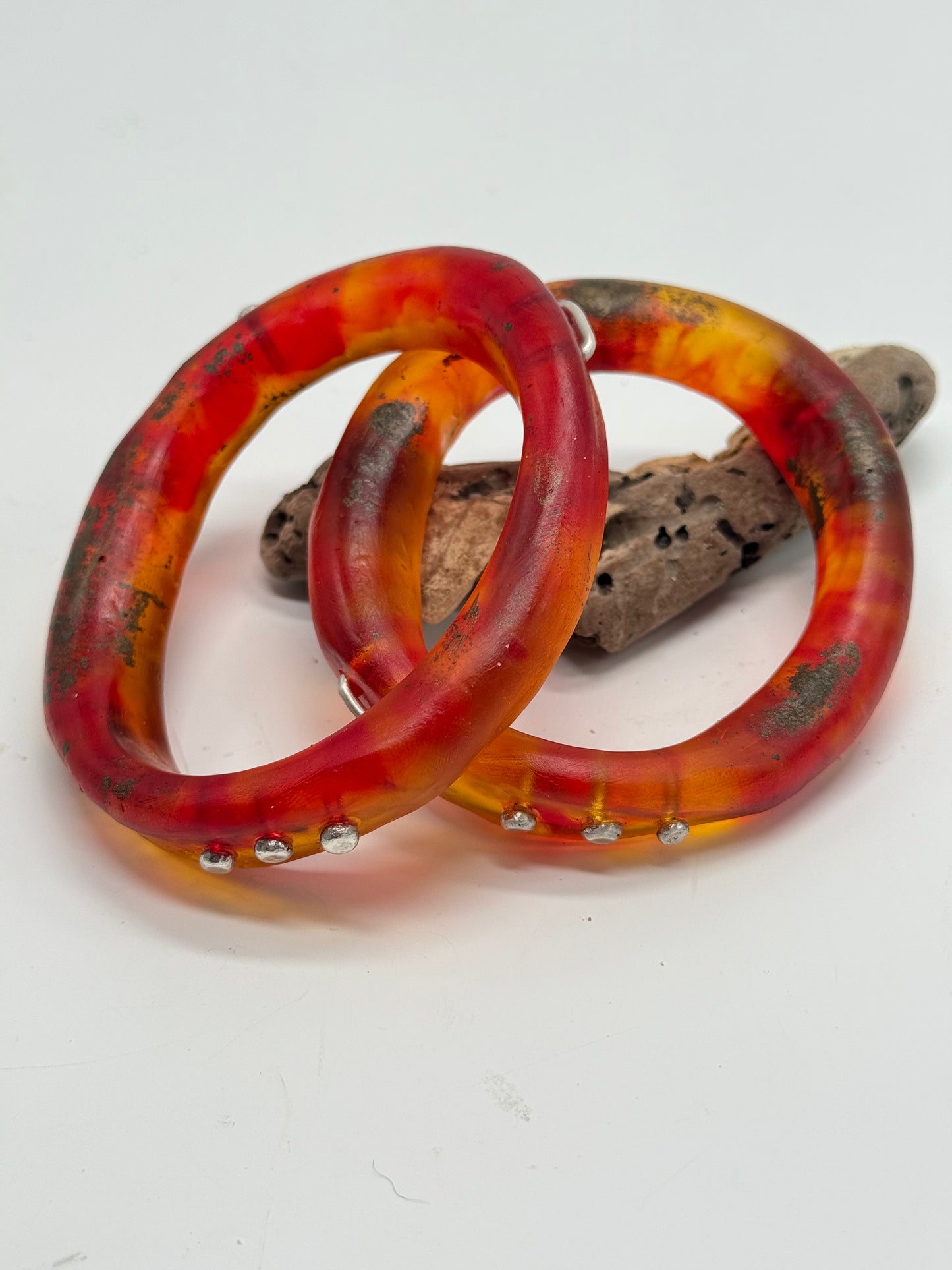 Red/Orange/Brown resin and silver 'woopy' bangle - regular size