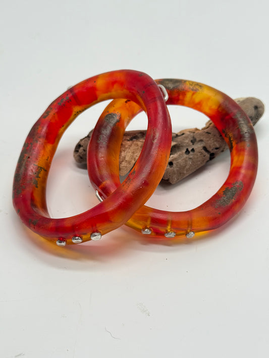Red/Orange/Brown resin and silver 'woopy' bangle - regular size