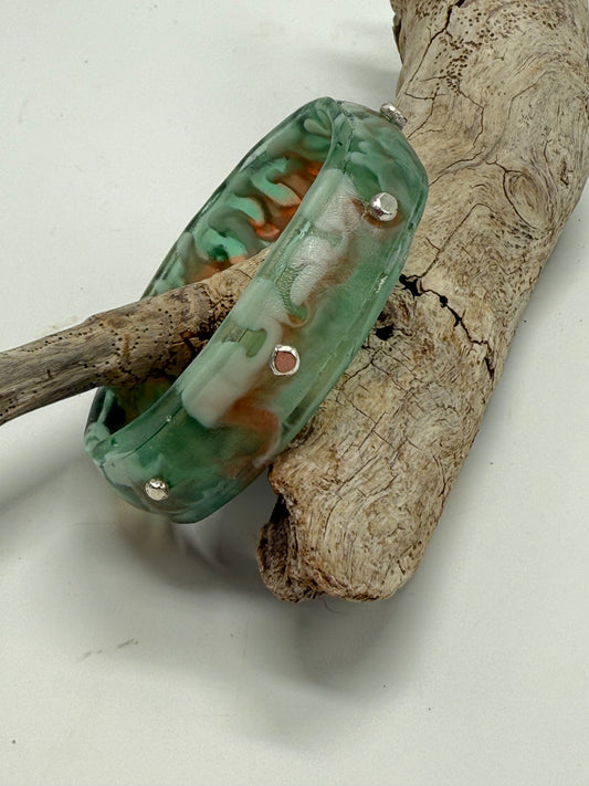 Green/Brown/White Rim resin bangle with Sterling silver XL
