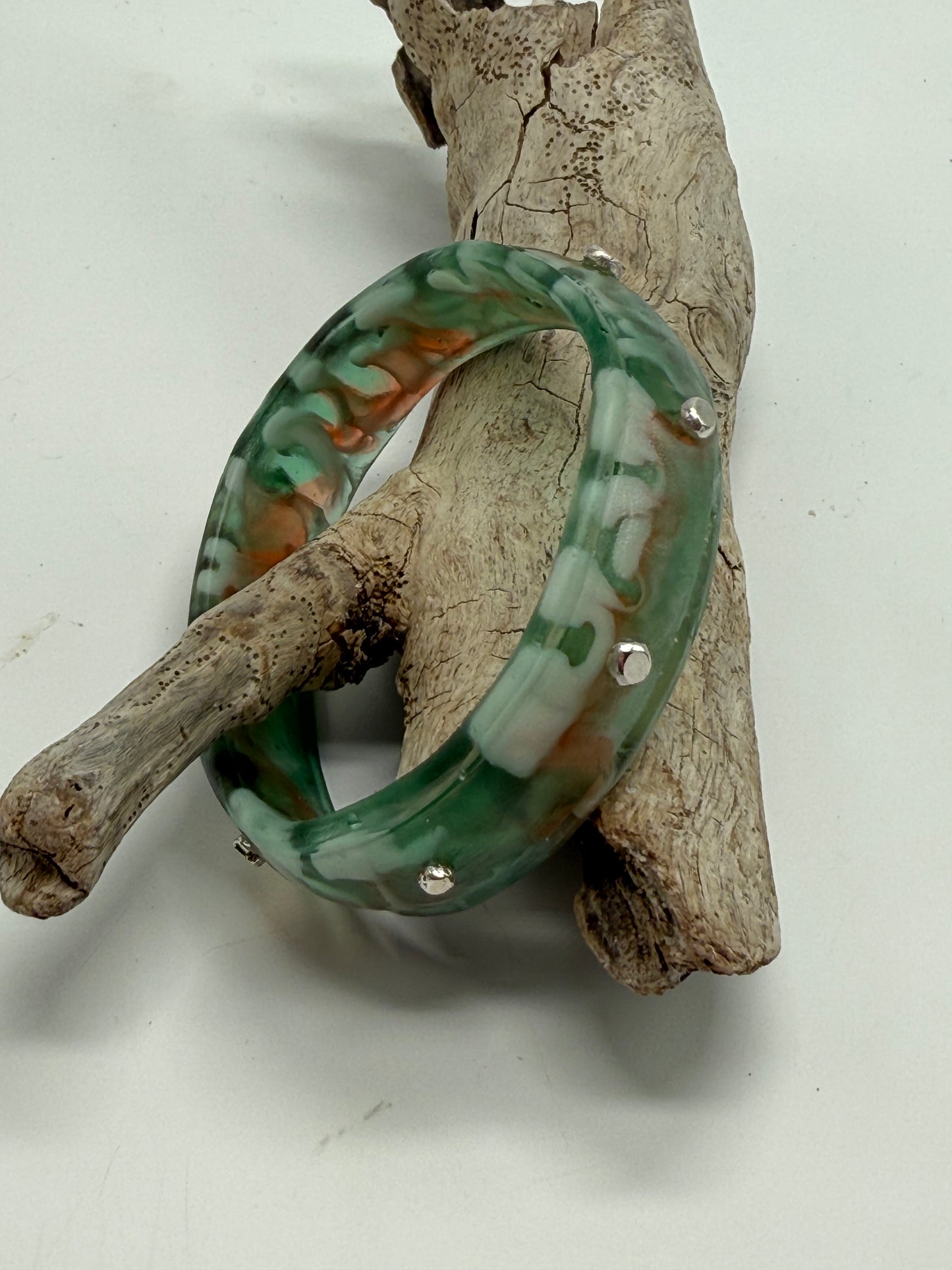 Green/Brown/White Rim resin bangle with Sterling silver XL
