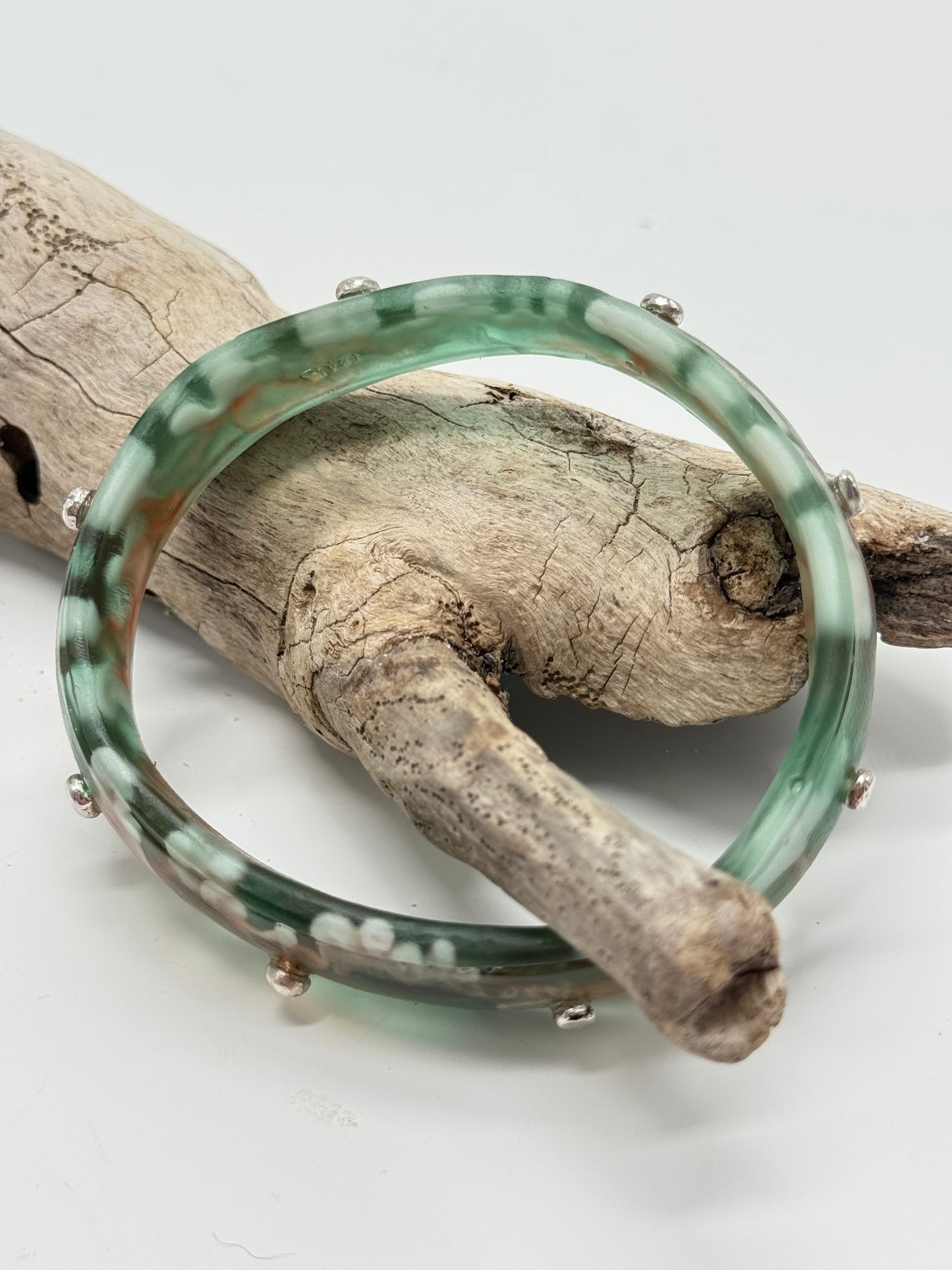 Green/Brown/White Rim resin bangle with Sterling silver XL