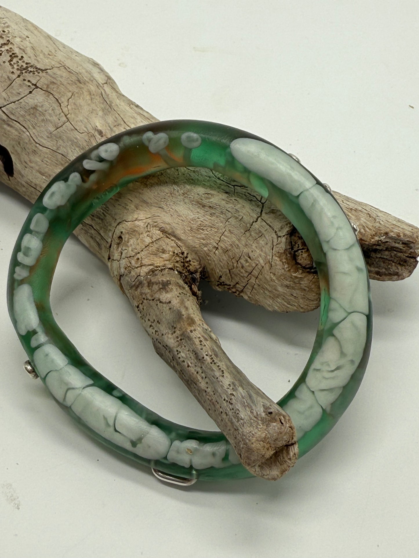 Green/Brown/White woopy bangle with Sterling silver- XL