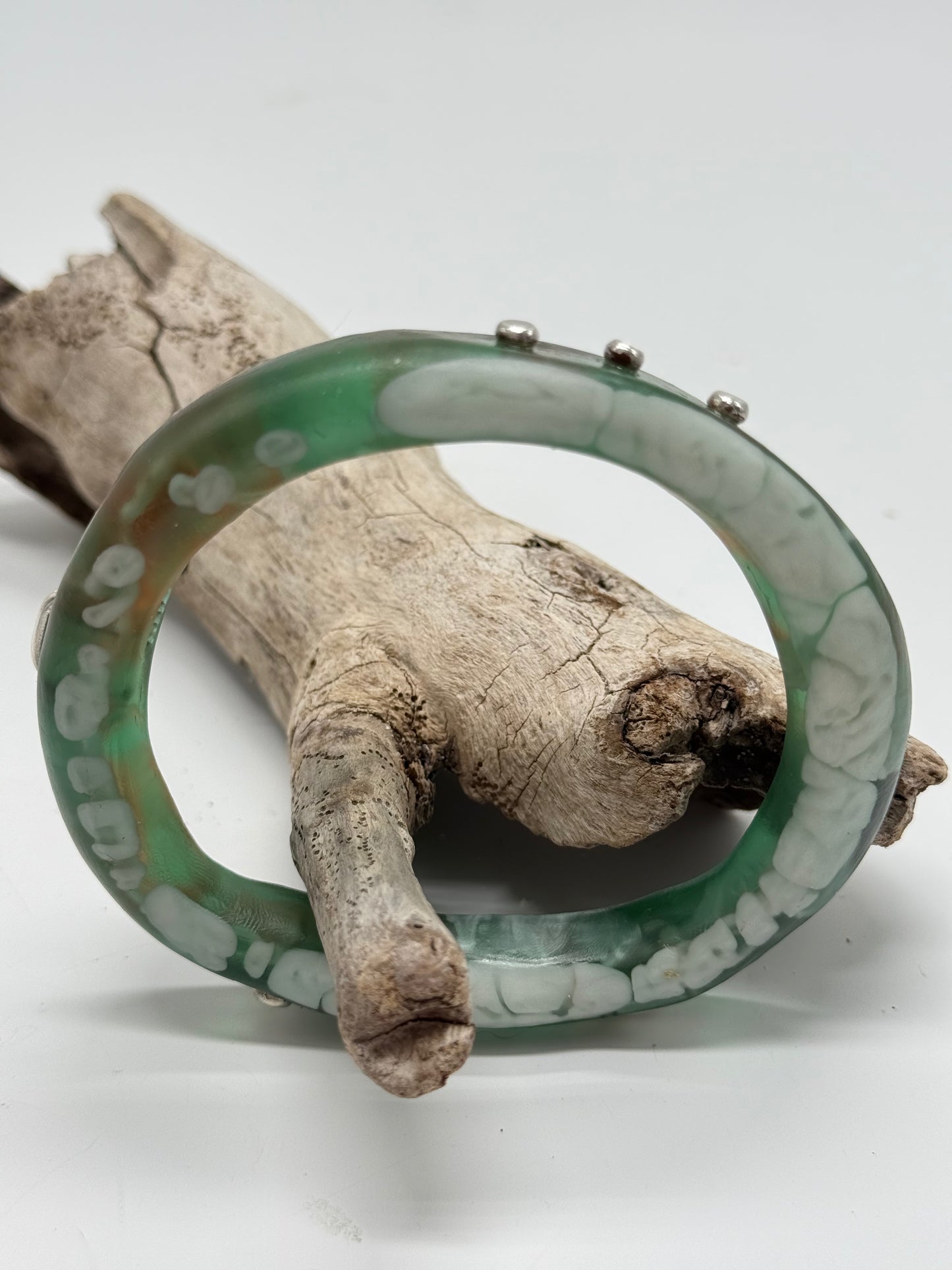 Green/Brown/White resin and silver 'woopy' bangle - regular size