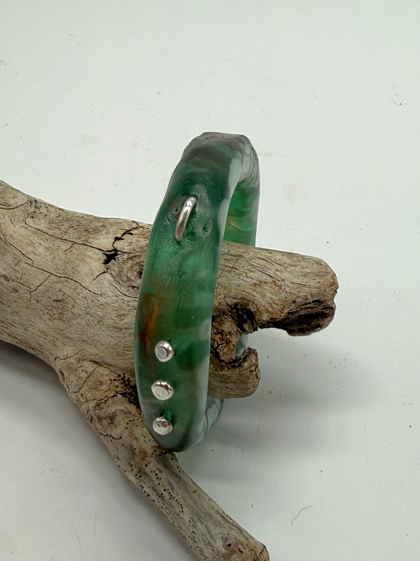 Green/Brown/White resin and silver 'woopy' bangle - regular size