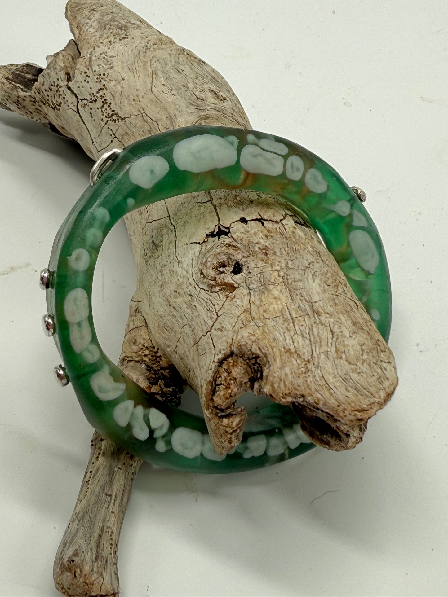 Green/Brown/White resin and silver 'woopy' bangle - regular size
