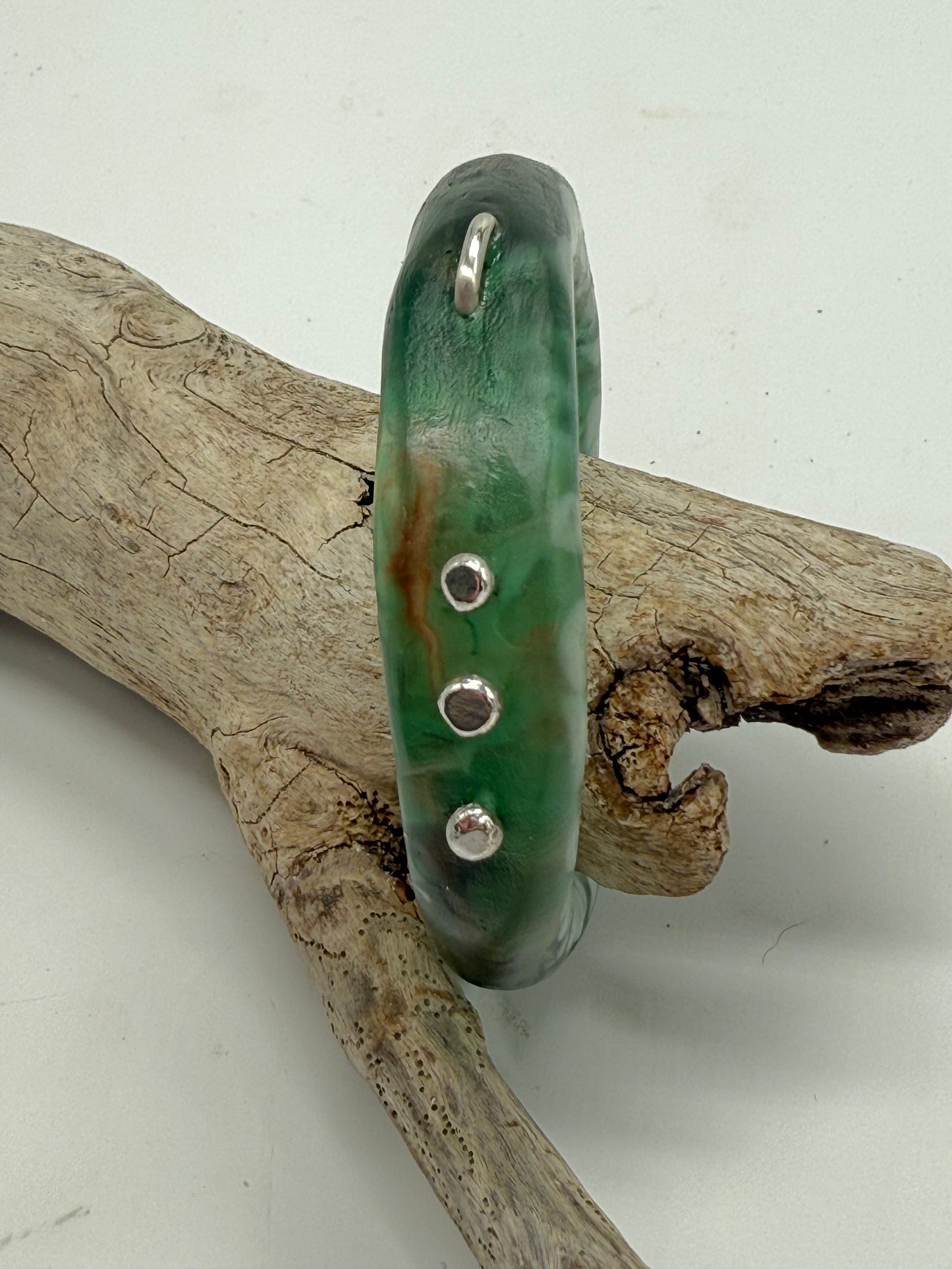 Green/Brown/White resin and silver 'woopy' bangle - regular size