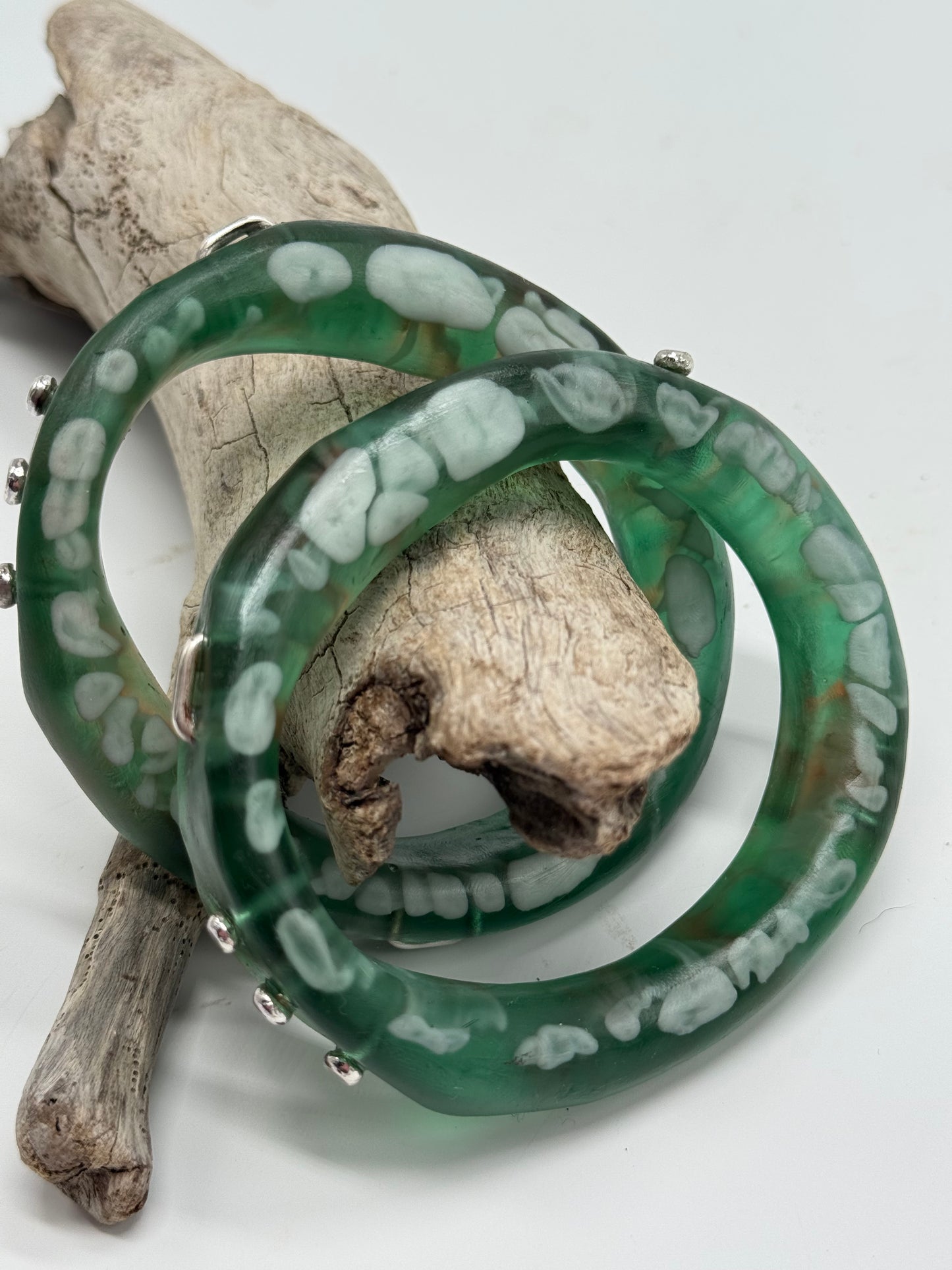 Green/Brown/White resin and silver 'woopy' bangle - regular size