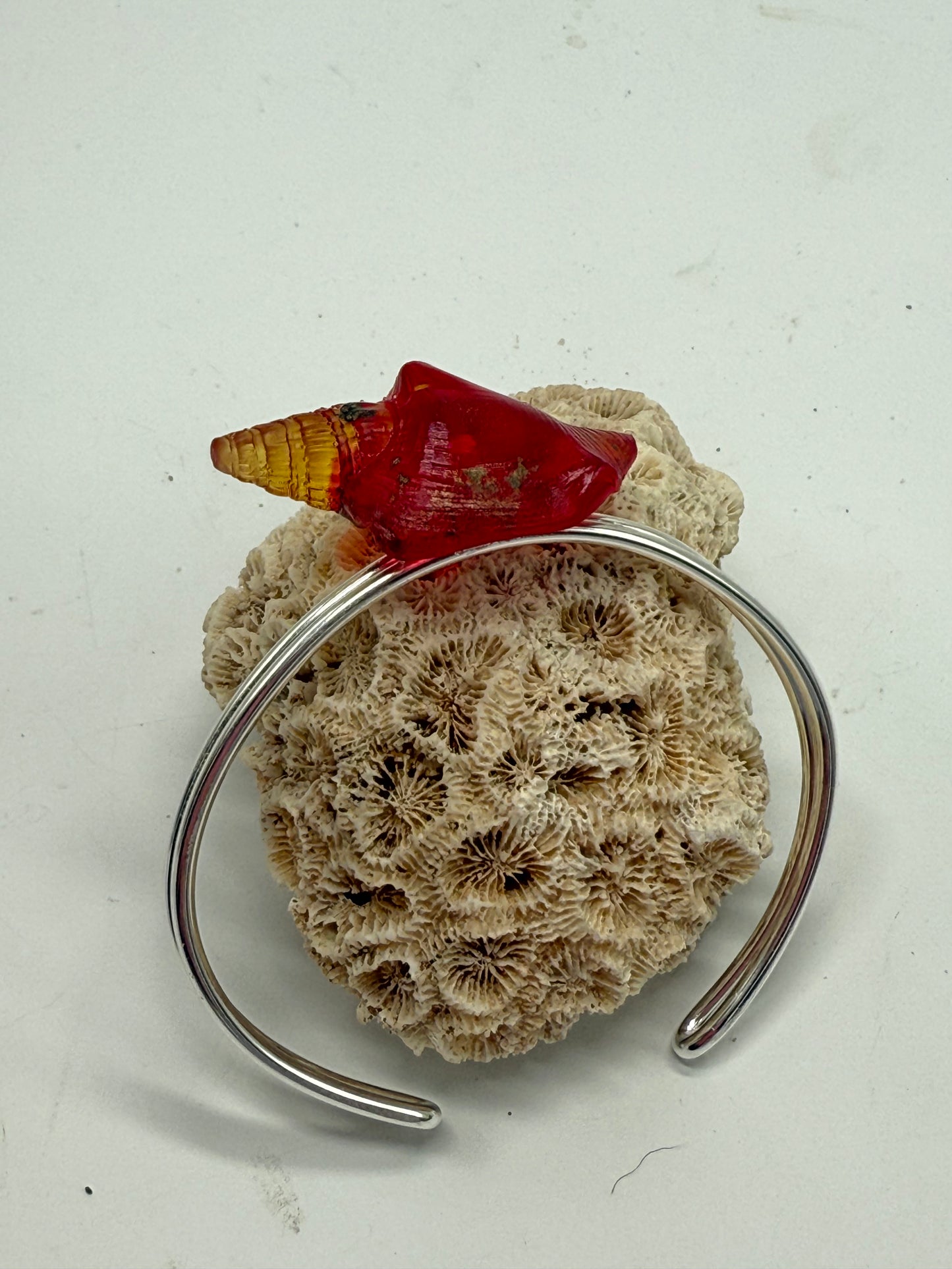 Sterling Silver cuff with Orange/Red/Brown resin Conch shell