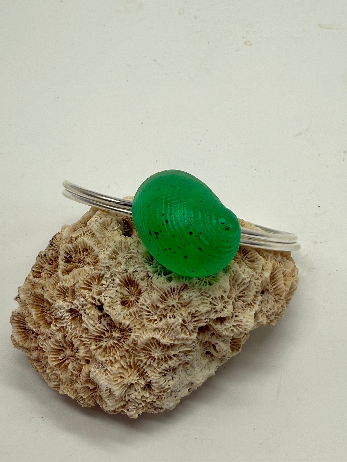 Sterling Silver cuff with Pale Jade Green resin shell
