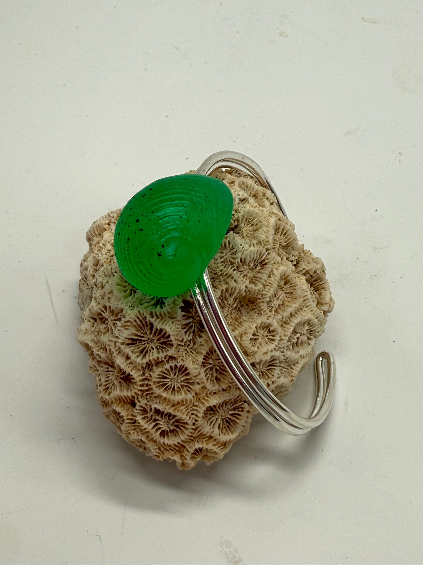 Sterling Silver cuff with Pale Jade Green resin shell
