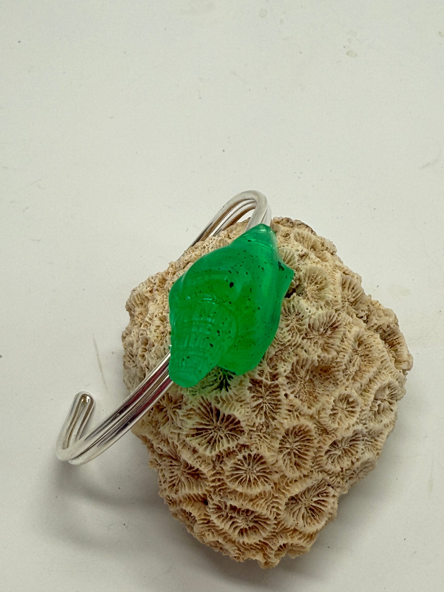Sterling Silver cuff with Pale Jade Green resin Conch shell
