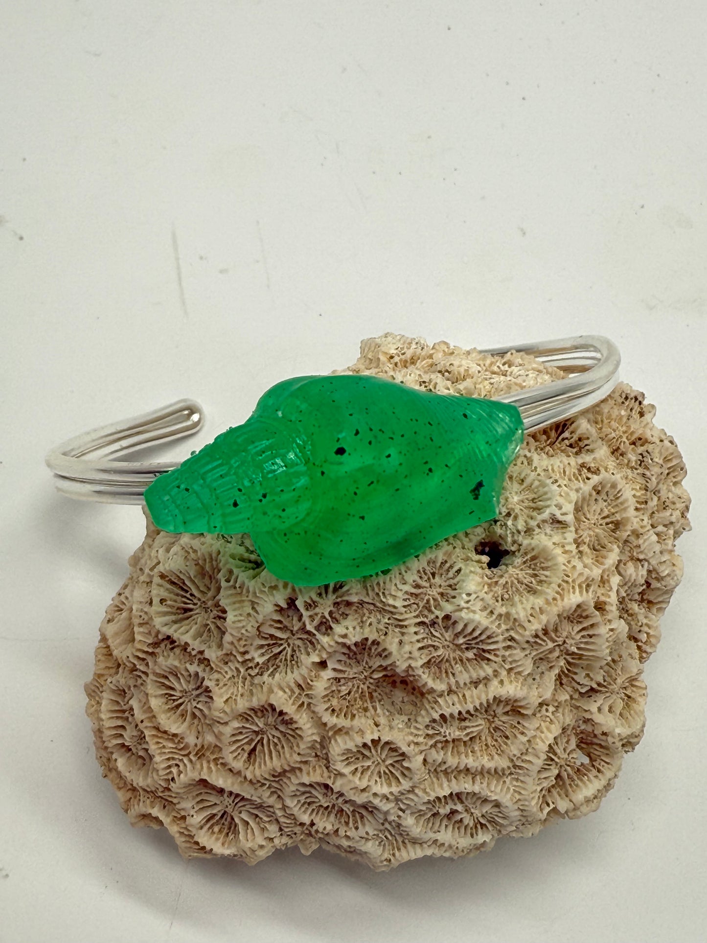Sterling Silver cuff with Pale Jade Green resin Conch shell