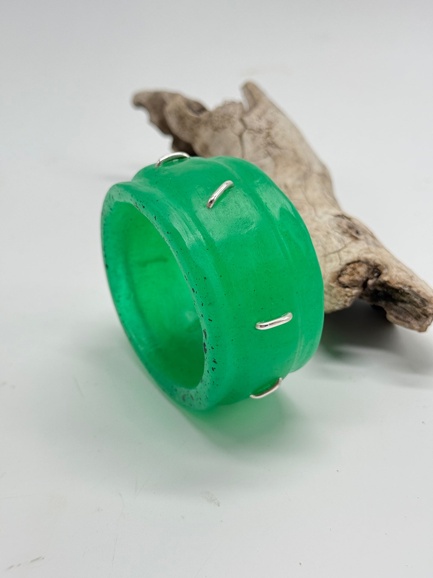 Pale Jade Green Oval Thick Rim Resin & silver wide bangle - regular hand size