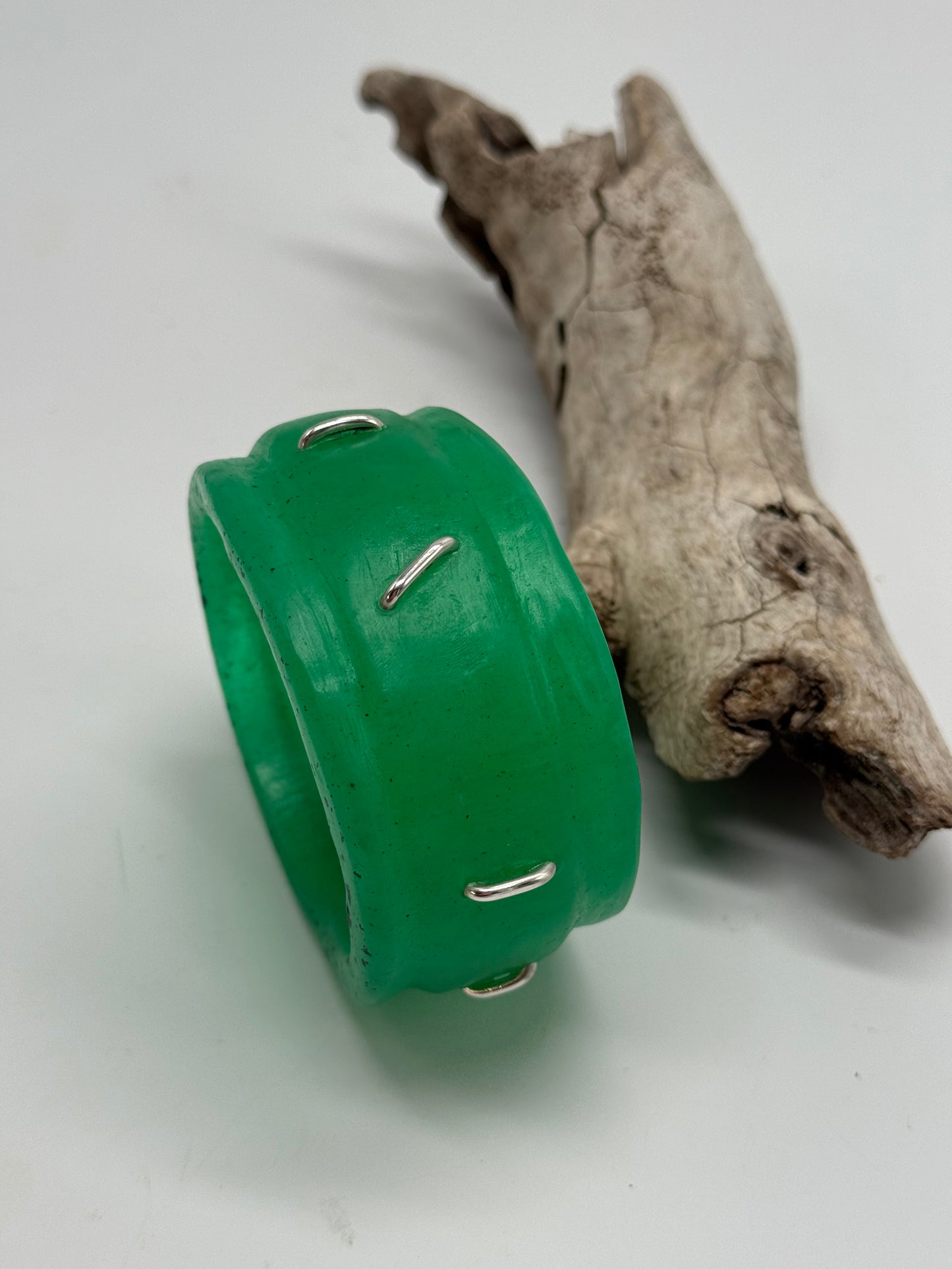 Pale Jade Green Oval Thick Rim Resin & silver wide bangle - regular hand size