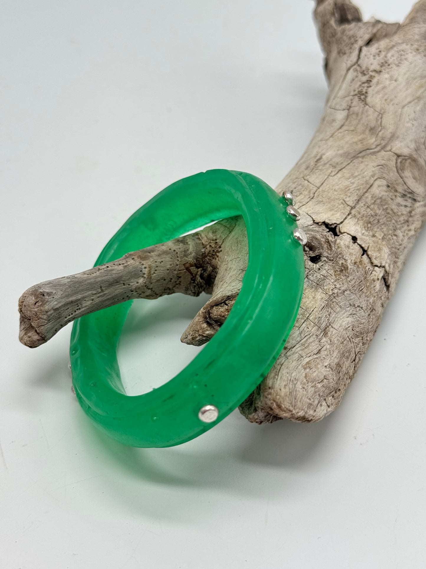 Pale Jade Green Rim resin bangle with Sterling silver
