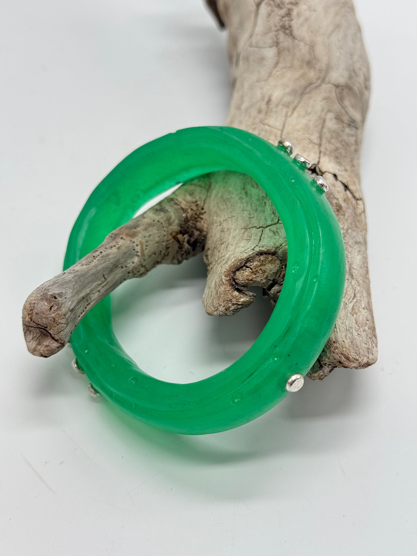 Pale Jade Green Rim resin bangle with Sterling silver