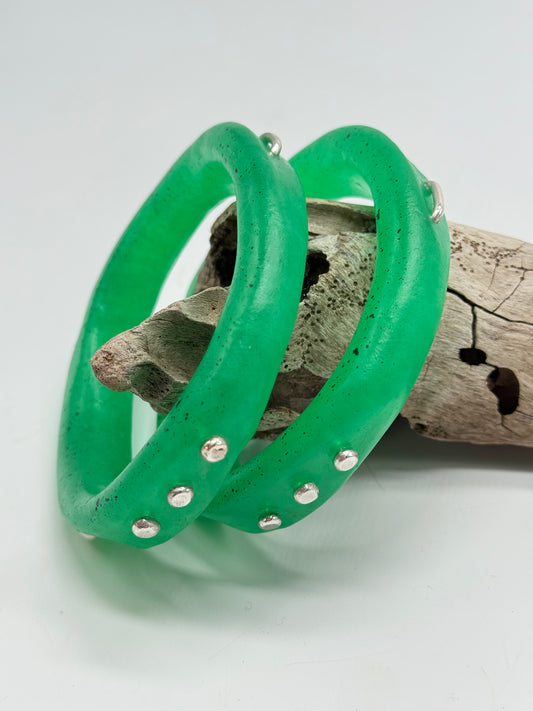 Pale Jade Green resin and silver 'woopy' bangle - regular size