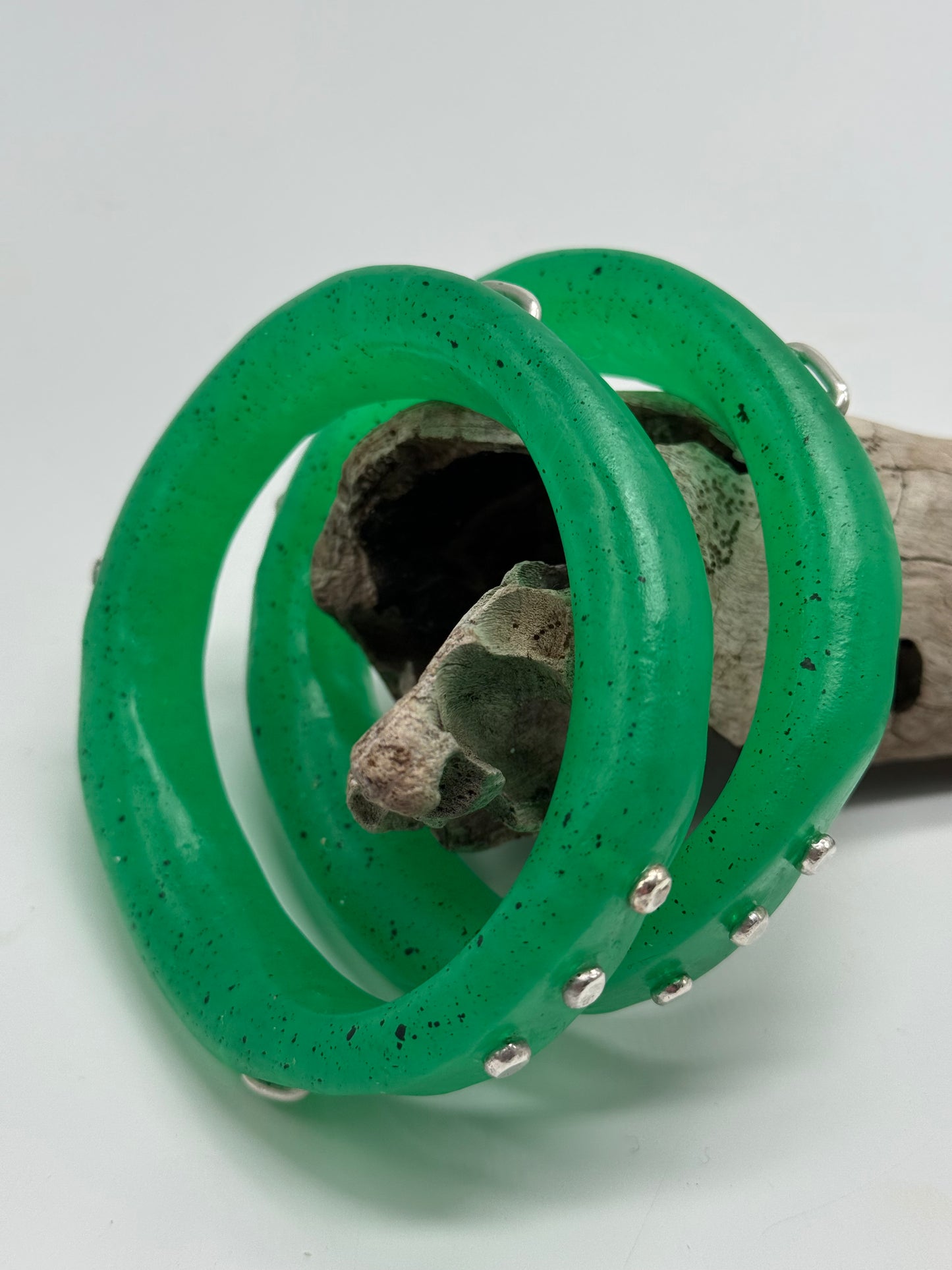 Pale Jade Green resin and silver 'woopy' bangle - regular size