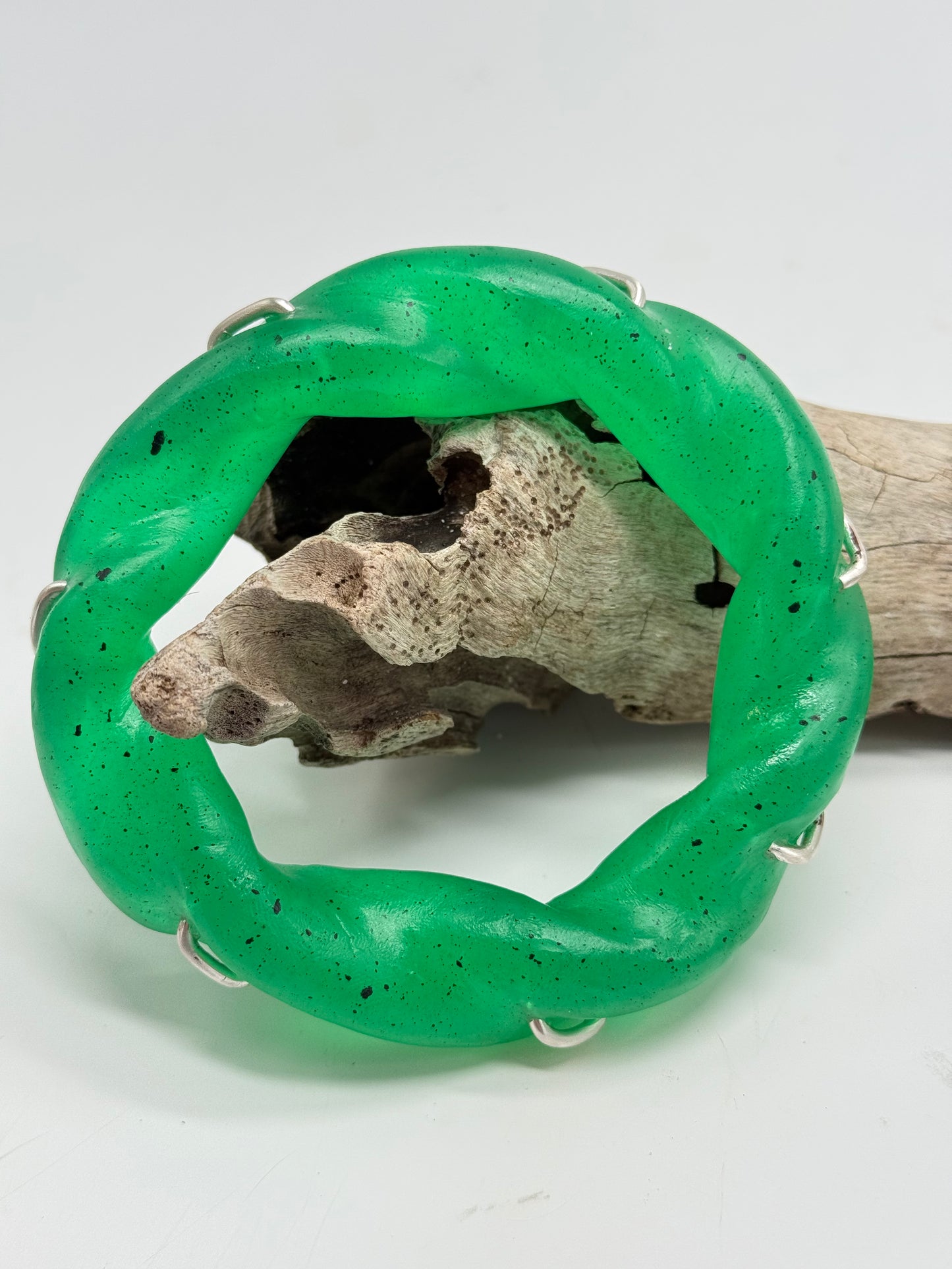 Translucent Pale Jade Green Chunky twist resin & silver bangle