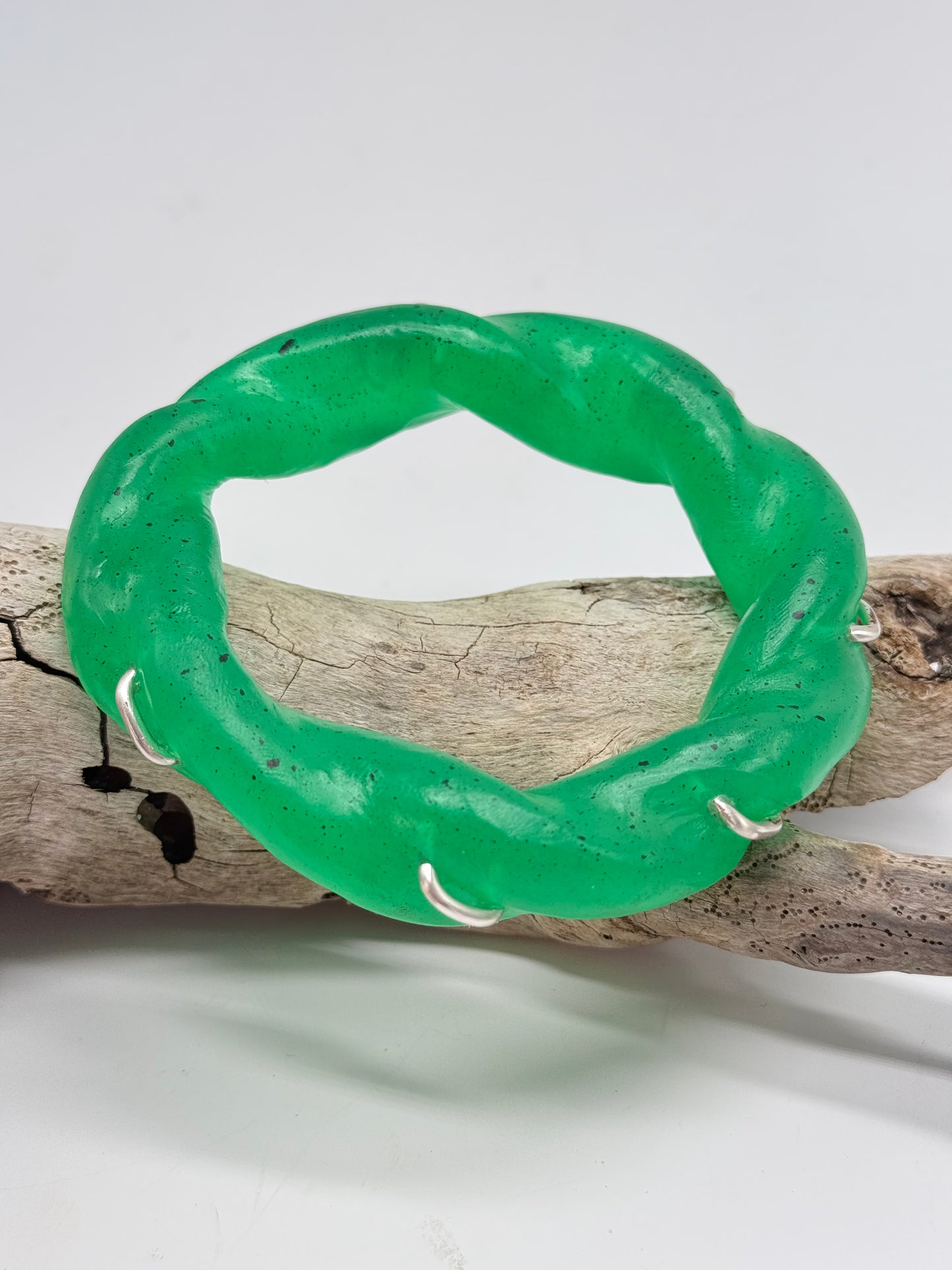 Translucent Pale Jade Green Chunky twist resin & silver bangle