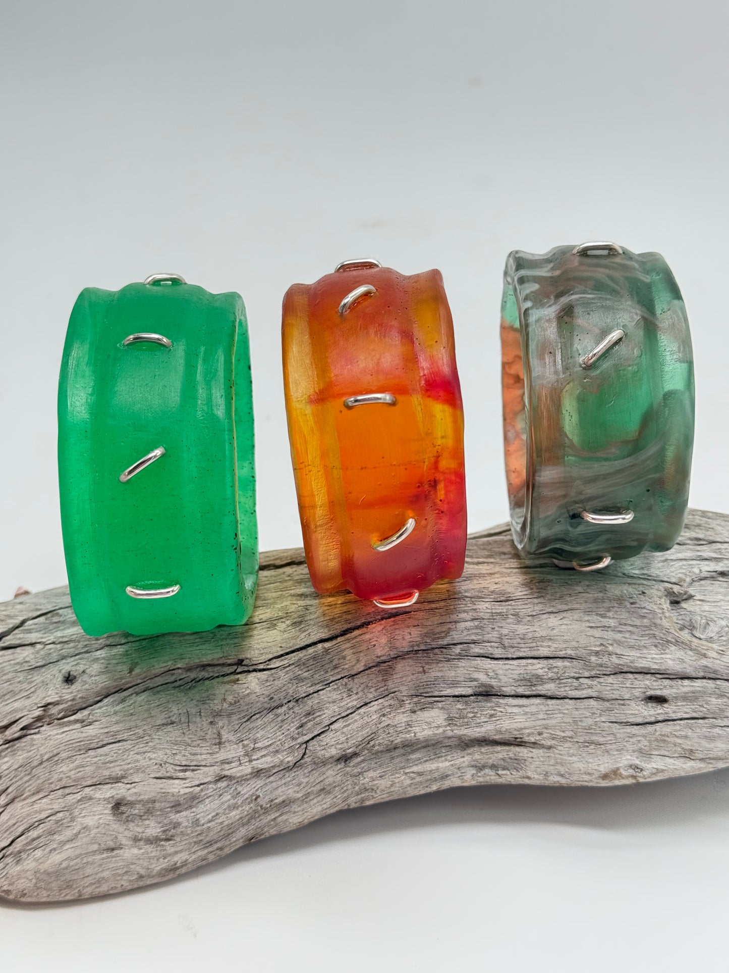 Pale Jade Green Oval Thick Rim Resin & silver wide bangle - regular hand size