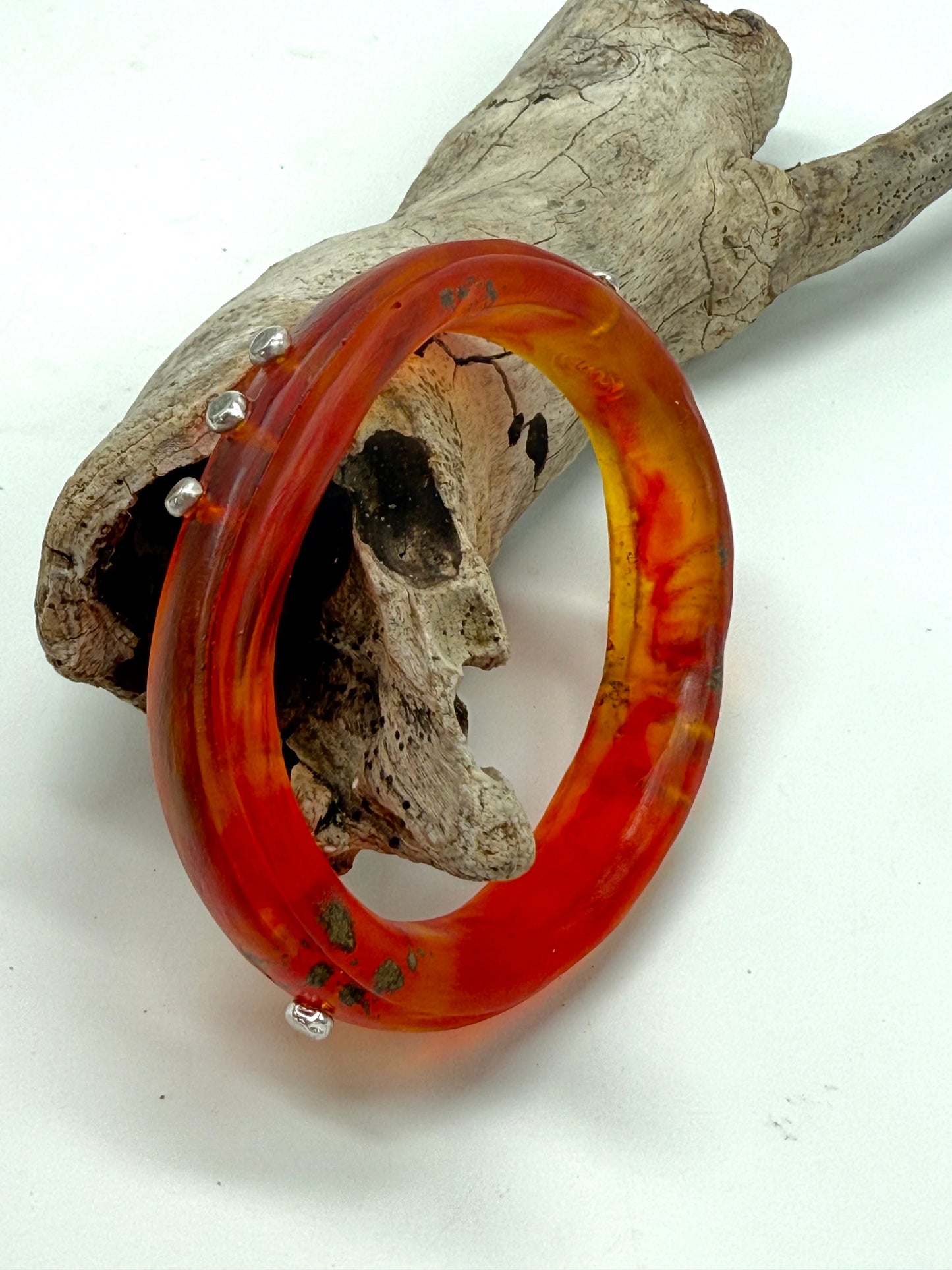 Orange/Red/Brown Rim resin bangle with Sterling silver
