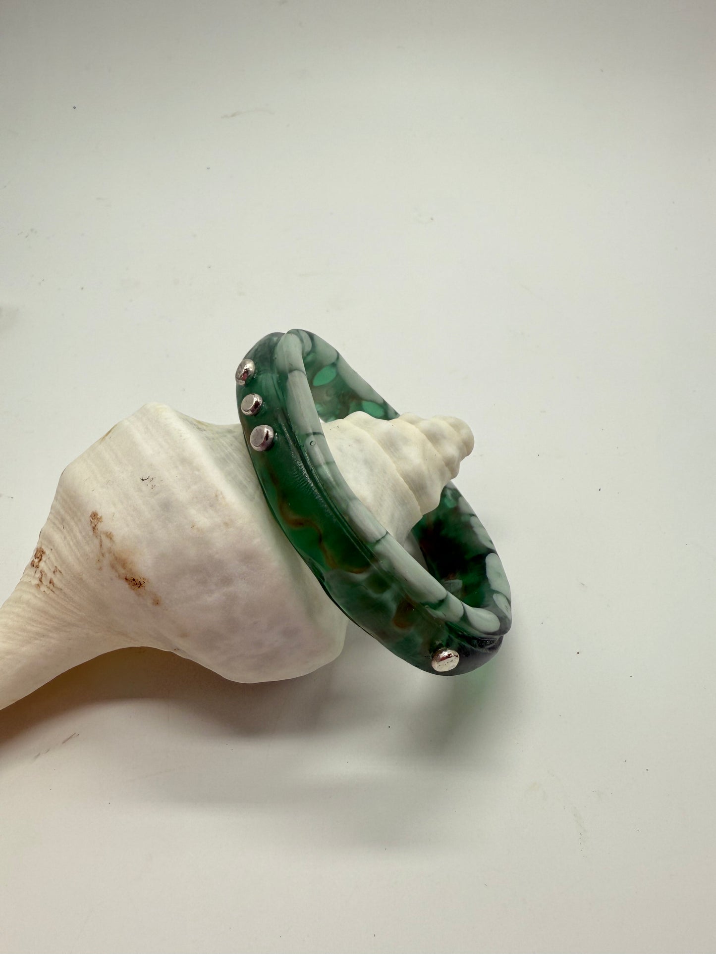 Green/Brown/White Rim resin bangle with Sterling silver