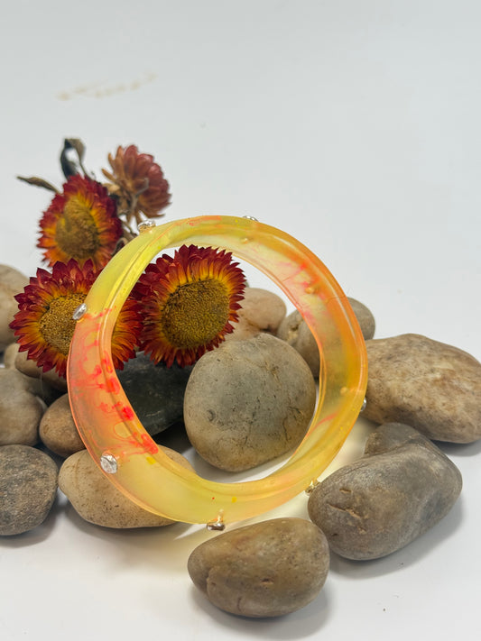 Pale Yellow & Orange Rim resin bangle with Sterling silver XL