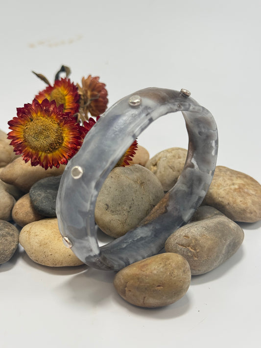 Navy, White & Brown Rim resin bangle with Sterling silver XL