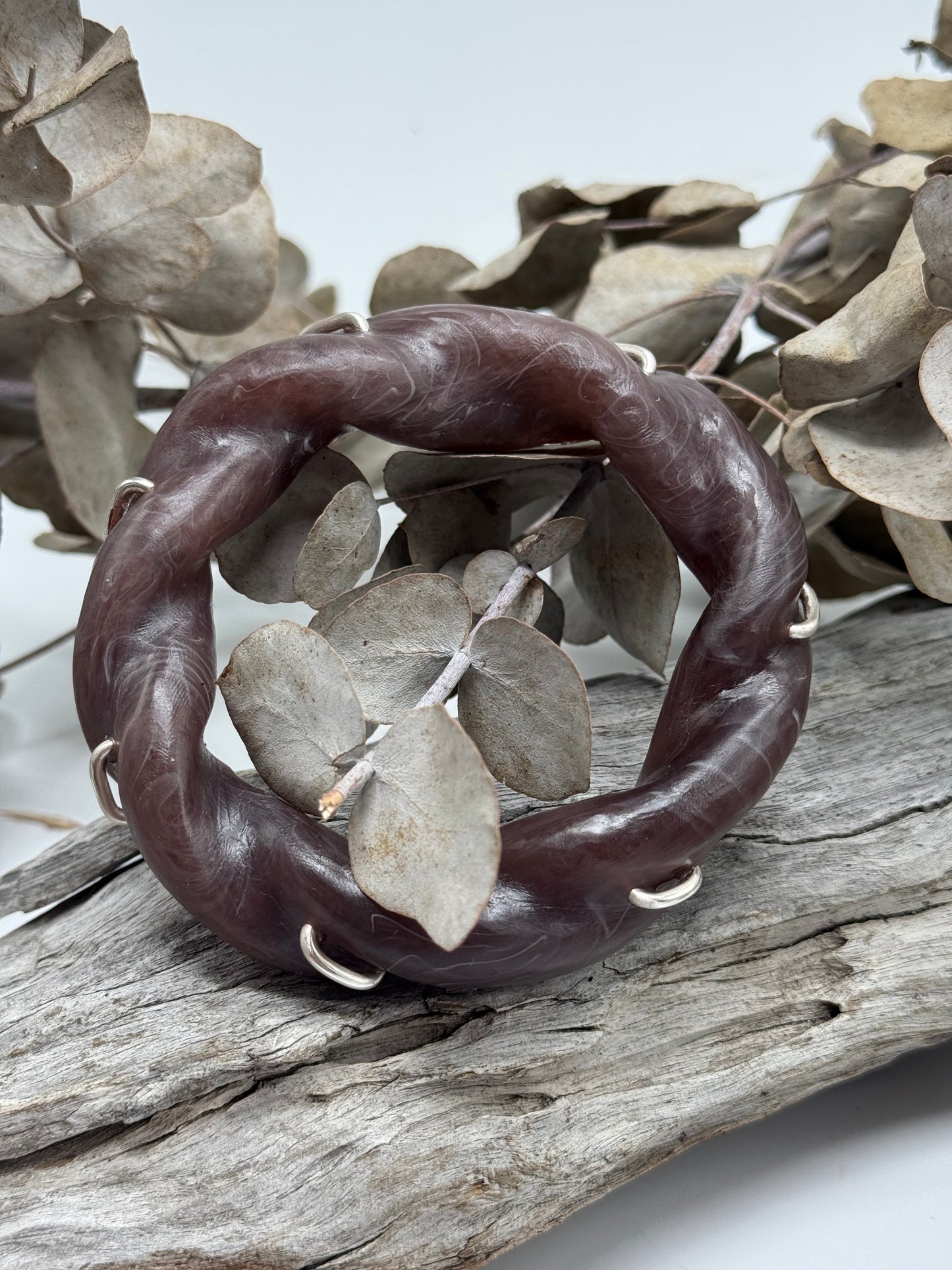 Brown/White Swirl Chunky twist resin & silver bangle