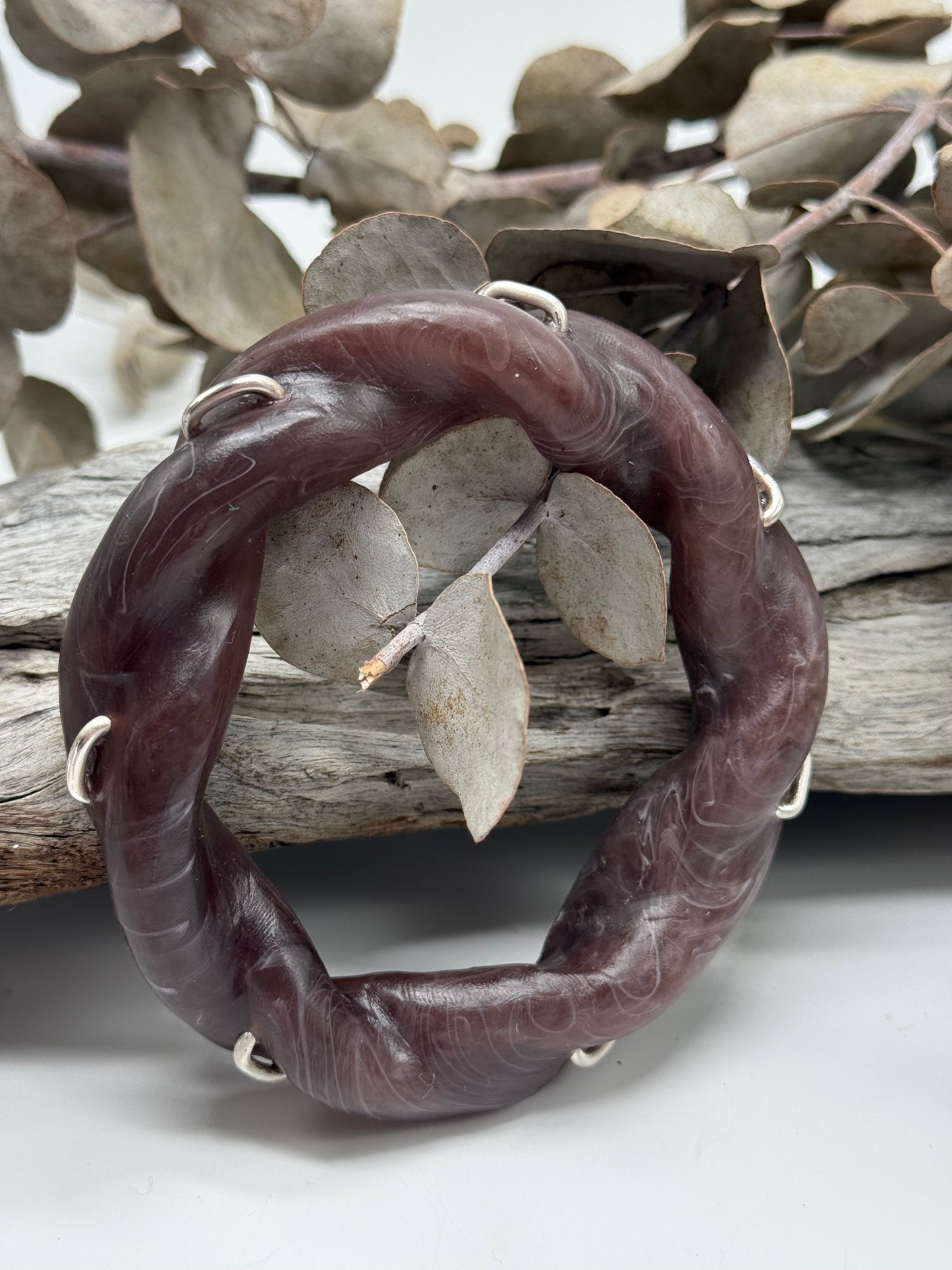 Brown/White Swirl Chunky twist resin & silver bangle