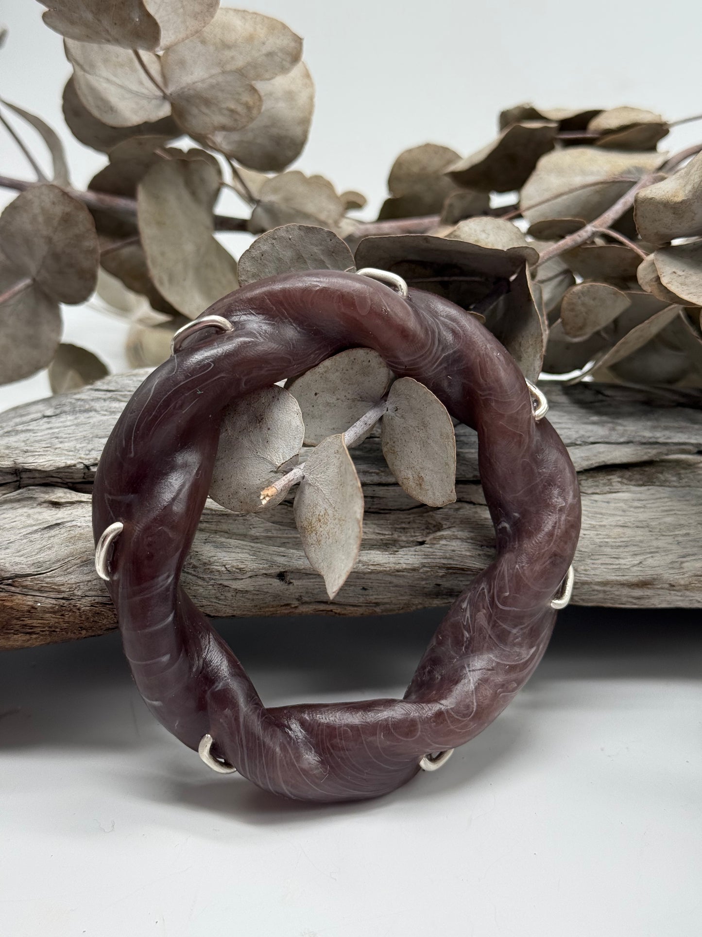 Brown/White Swirl Chunky twist resin & silver bangle