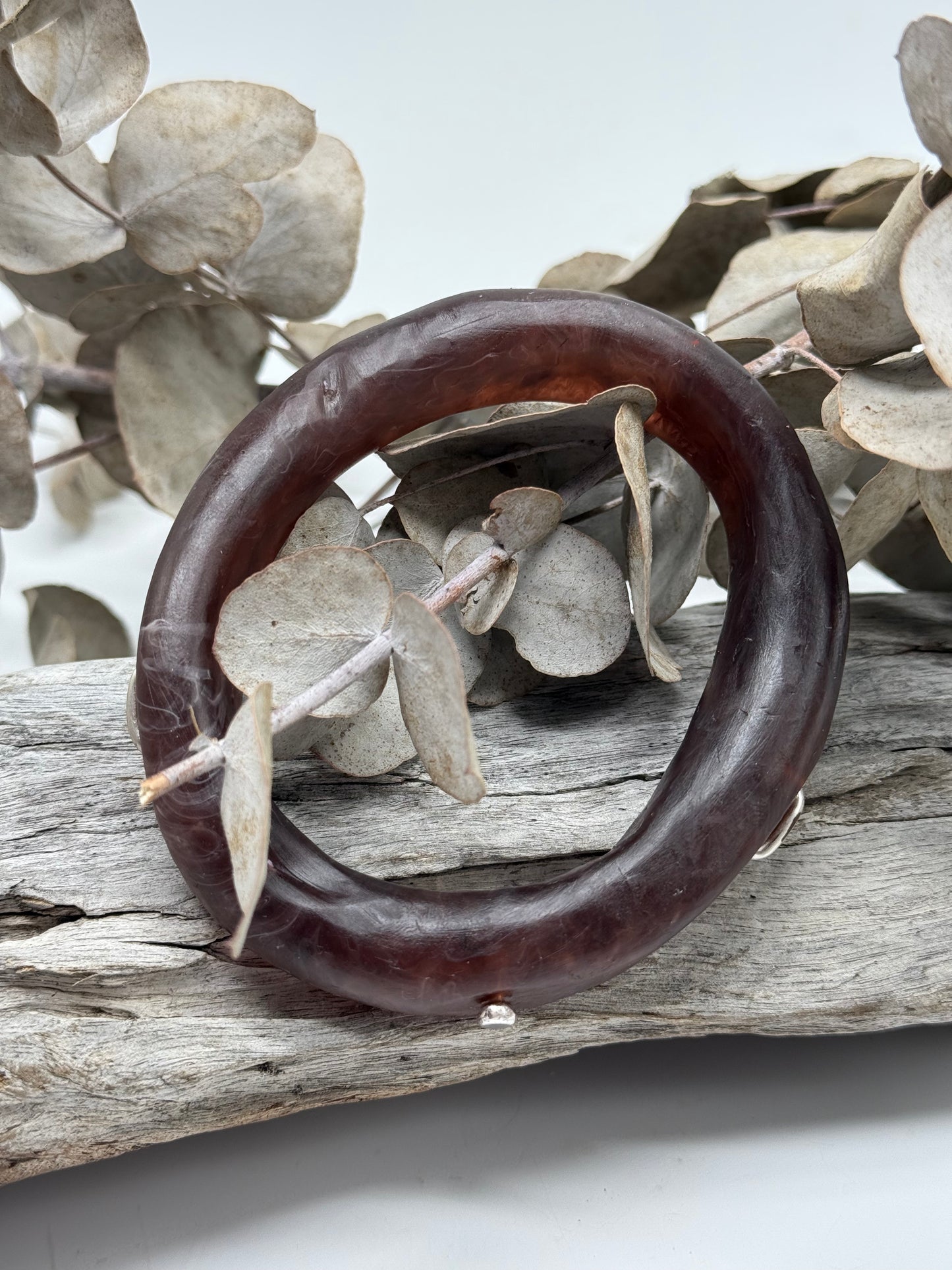 Brown/White swirl resin and silver 'woopy' bangle - regular size