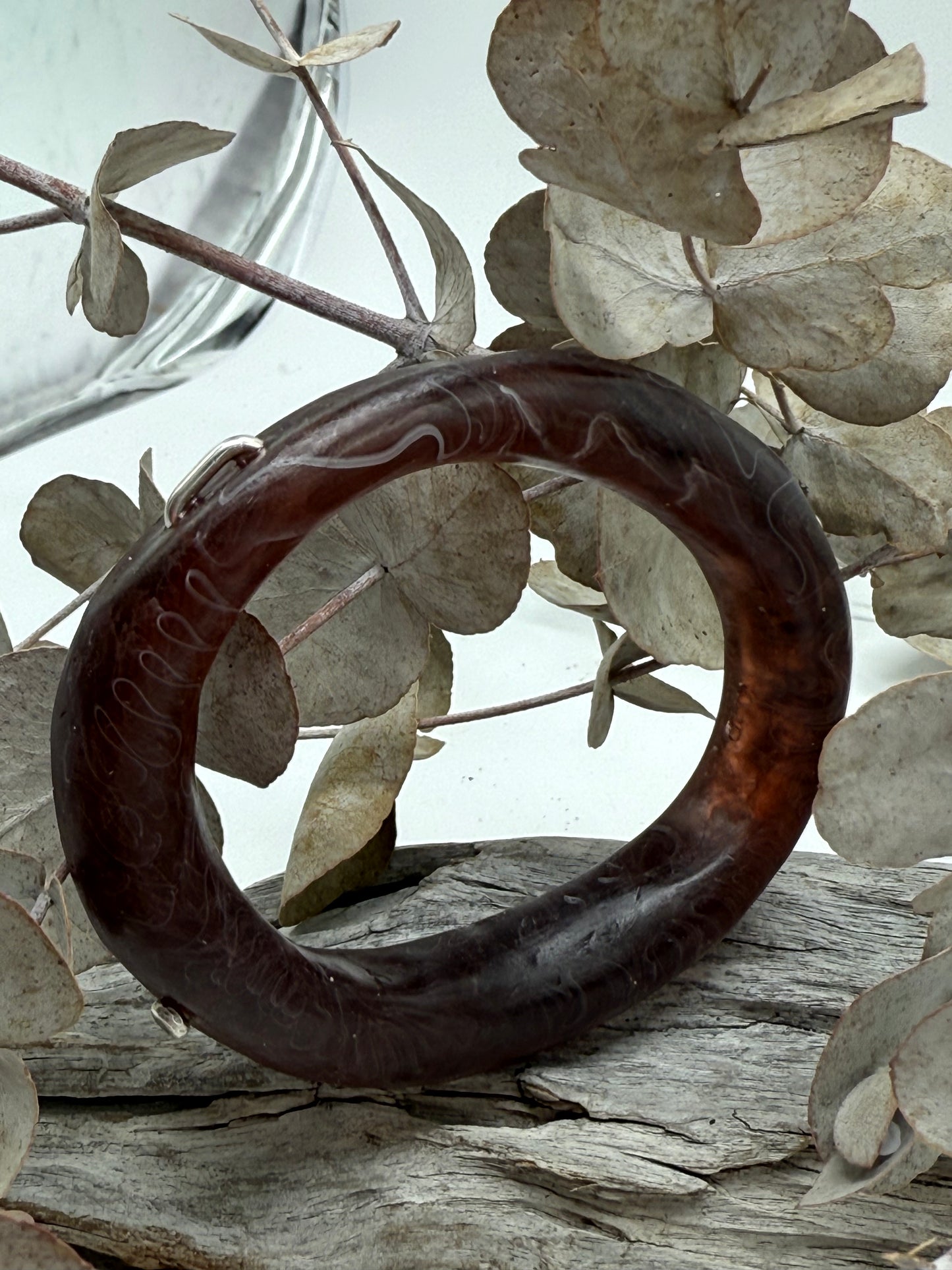 Brown/White swirl resin and silver 'woopy' bangle - regular size