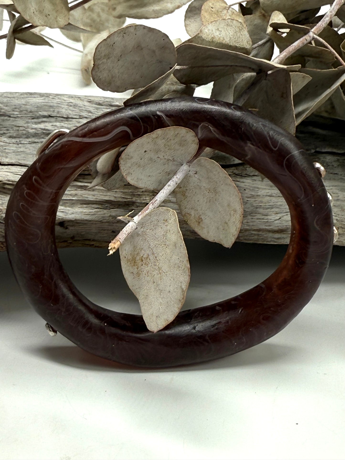 Brown/White swirl resin and silver 'woopy' bangle - regular size