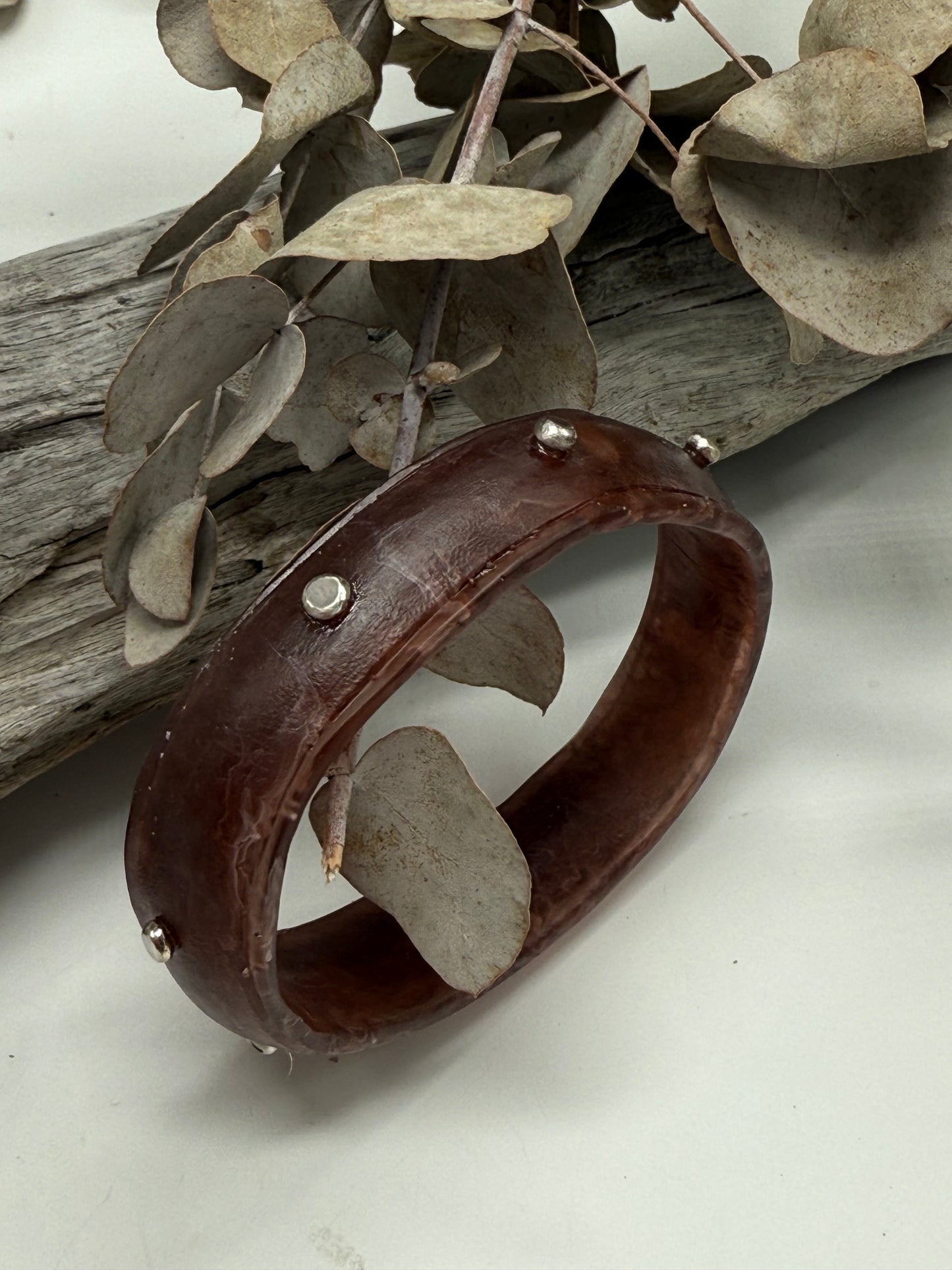 Brown/White swirl Rim resin bangle with Sterling silver XL