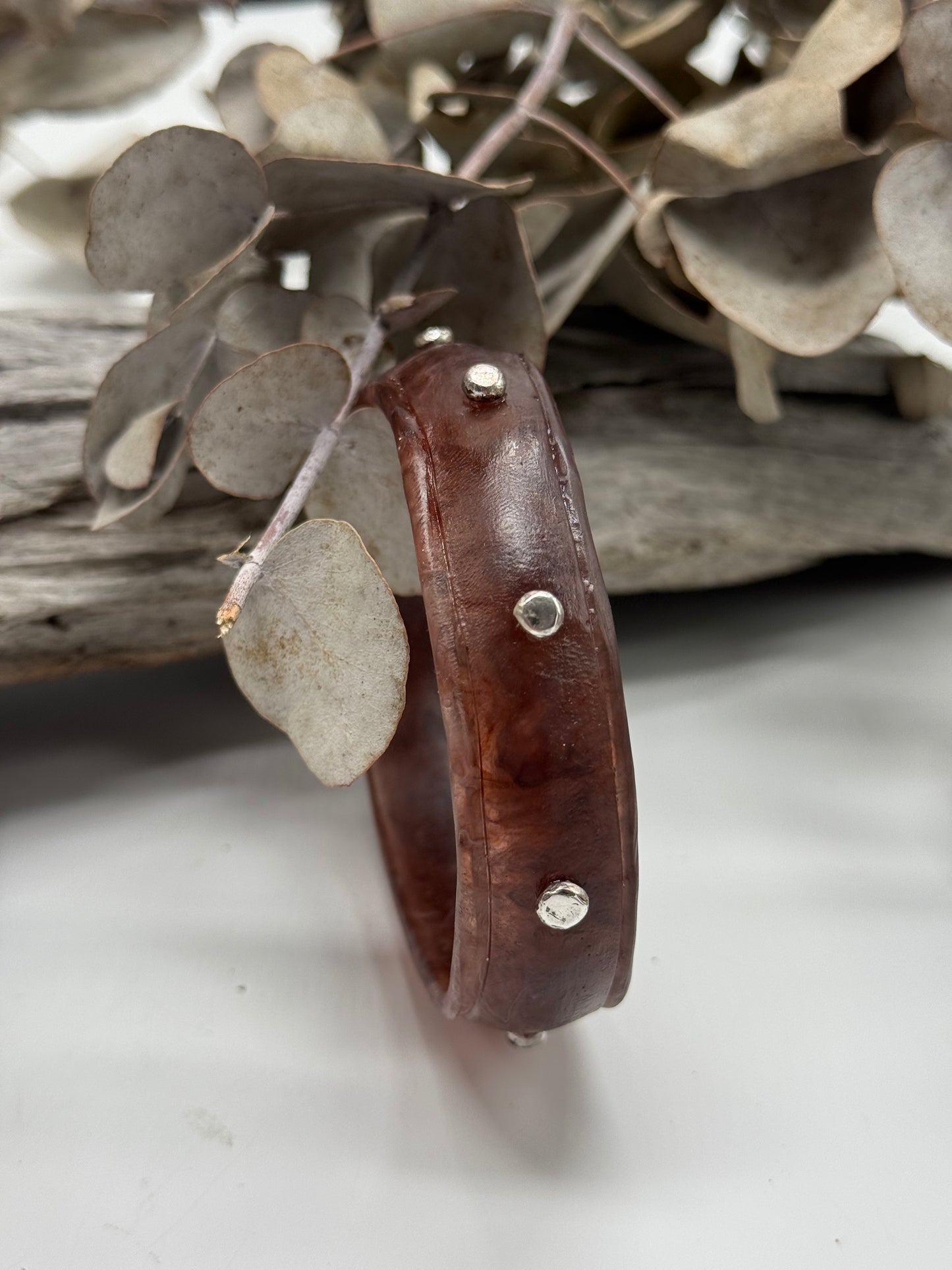 Brown/White swirl Rim resin bangle with Sterling silver XL