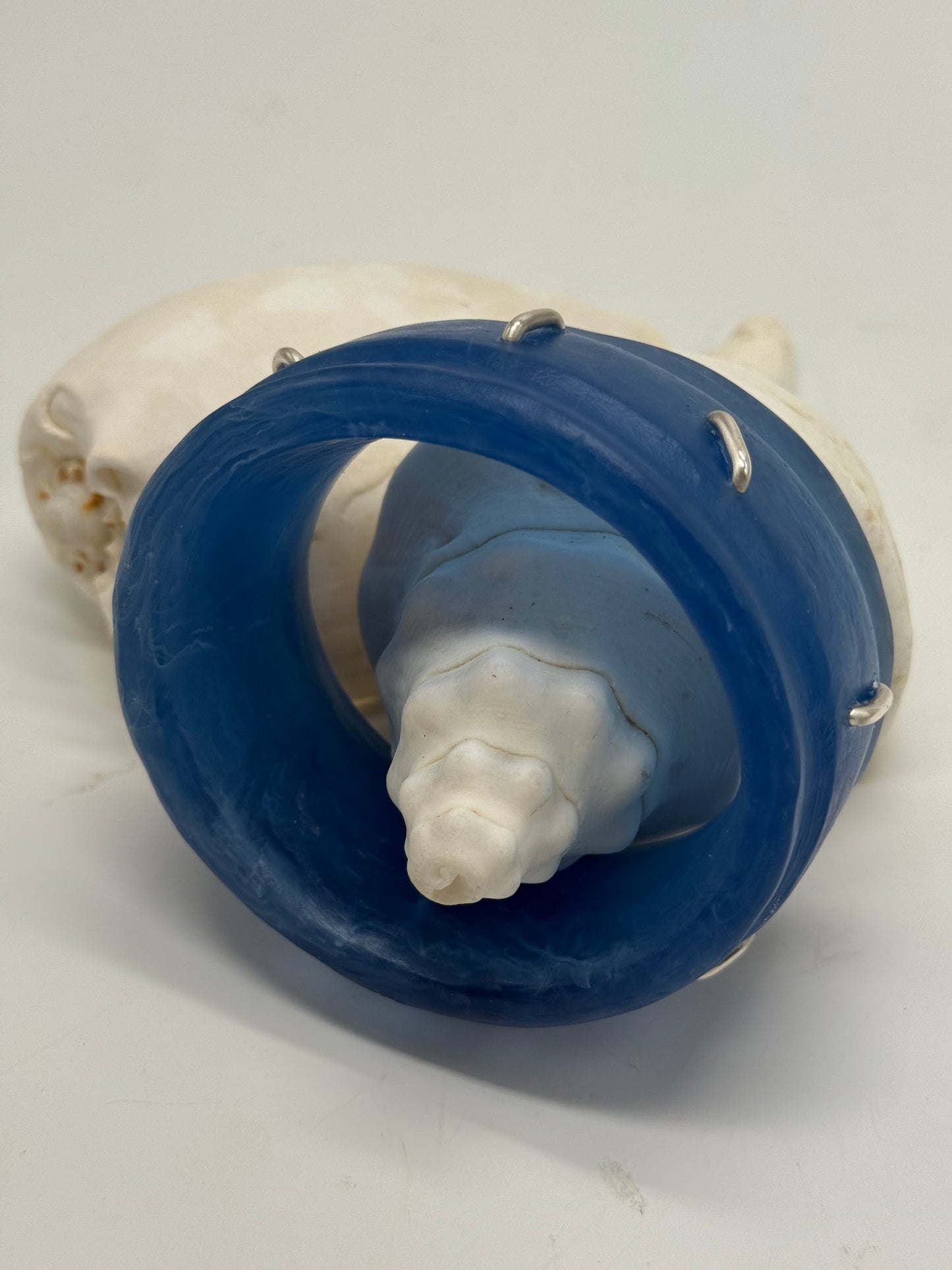 Blue Oval Thick Rim Resin & silver wide bangle - regular hand size