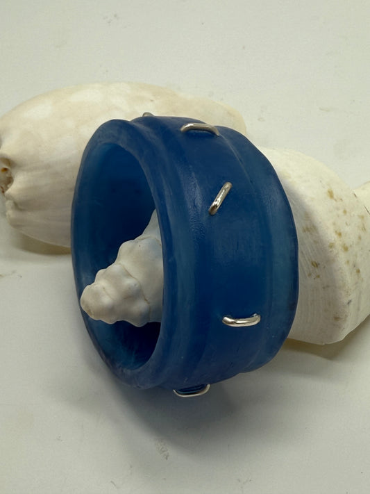 Blue Oval Thick Rim Resin & silver wide bangle - regular hand size