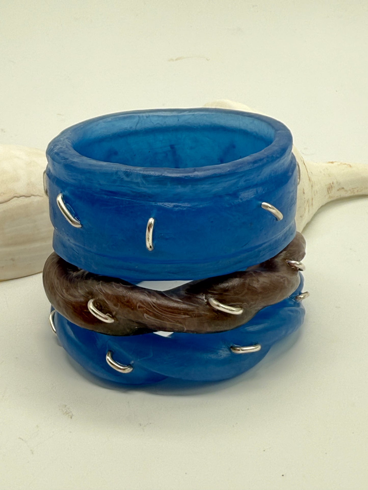 Blue Oval Thick Rim Resin & silver wide bangle - regular hand size
