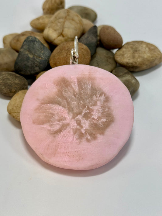 Pale Pink & Gold Round resin pendant with Sterling silver hook