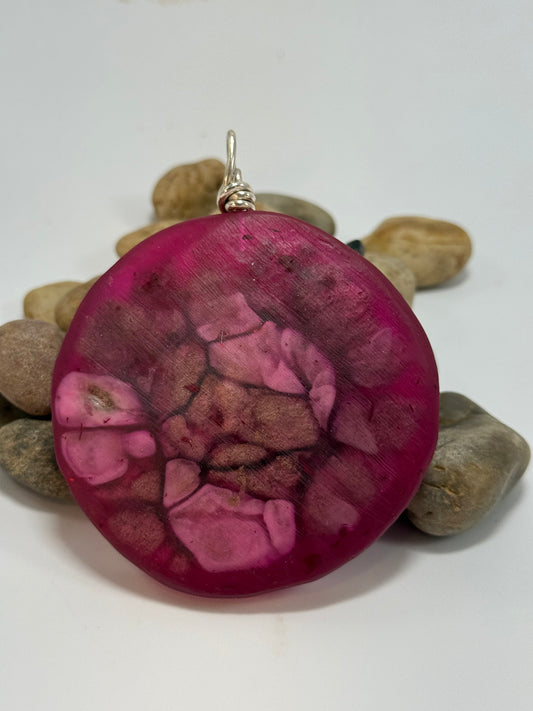 Strawberry Red/brown/white Round resin pendant with Sterling silver hook