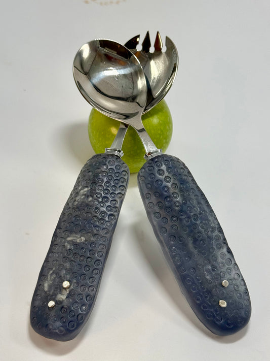 Salad Servers - Translucent Navy/white resin & silver spot handle with Stainless steel spoon