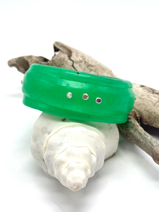 Pale Jade Green Oval Thick Rim Resin & silver wide bangle - XS hand size