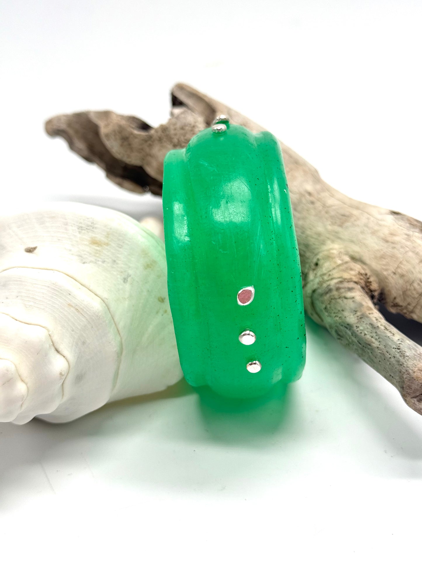 Pale Jade Green Oval Thick Rim Resin & silver wide bangle - XS hand size