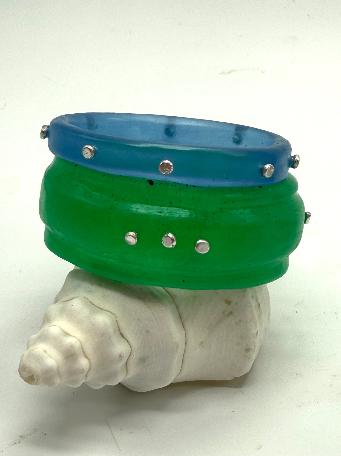 Pale Jade Green Oval Thick Rim Resin & silver wide bangle - XS hand size